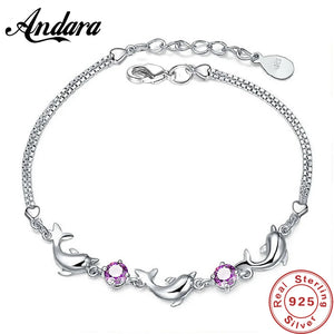 925 Silver Small Dolphin Amethyst Bracelet Women Engagement Charm Gift