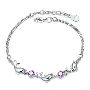 925 Silver Small Dolphin Amethyst Bracelet Women Engagement Charm Gift