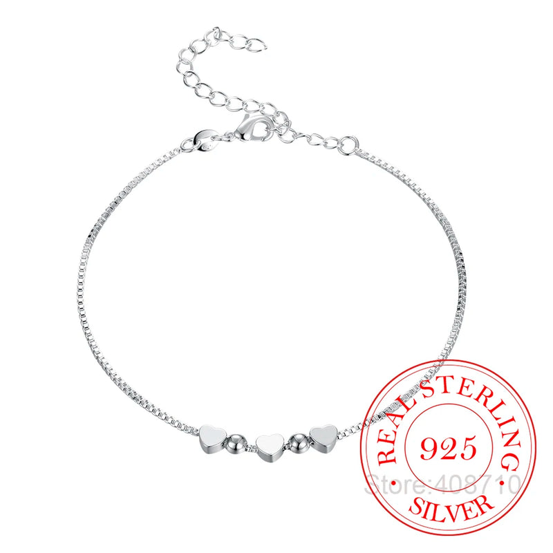 925 Silver Beads Box Chain Bracelet Heart Charm Wedding Jewelry