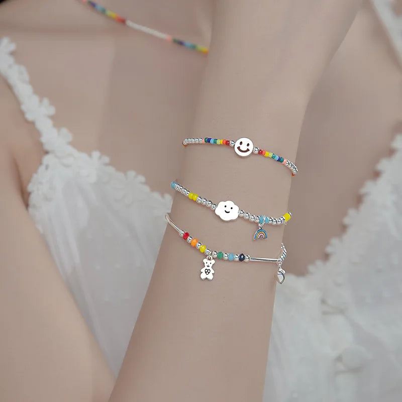 925 Silver Bracelet Smiling Face Rainbow Cloud Love Bear Beads