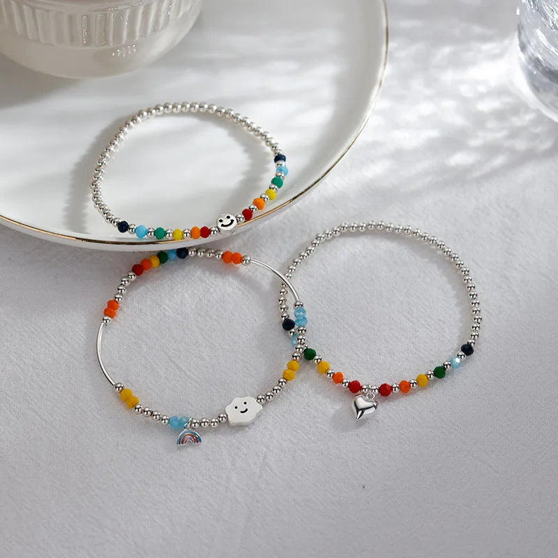 925 Silver Bracelet Smiling Face Rainbow Cloud Love Bear Beads