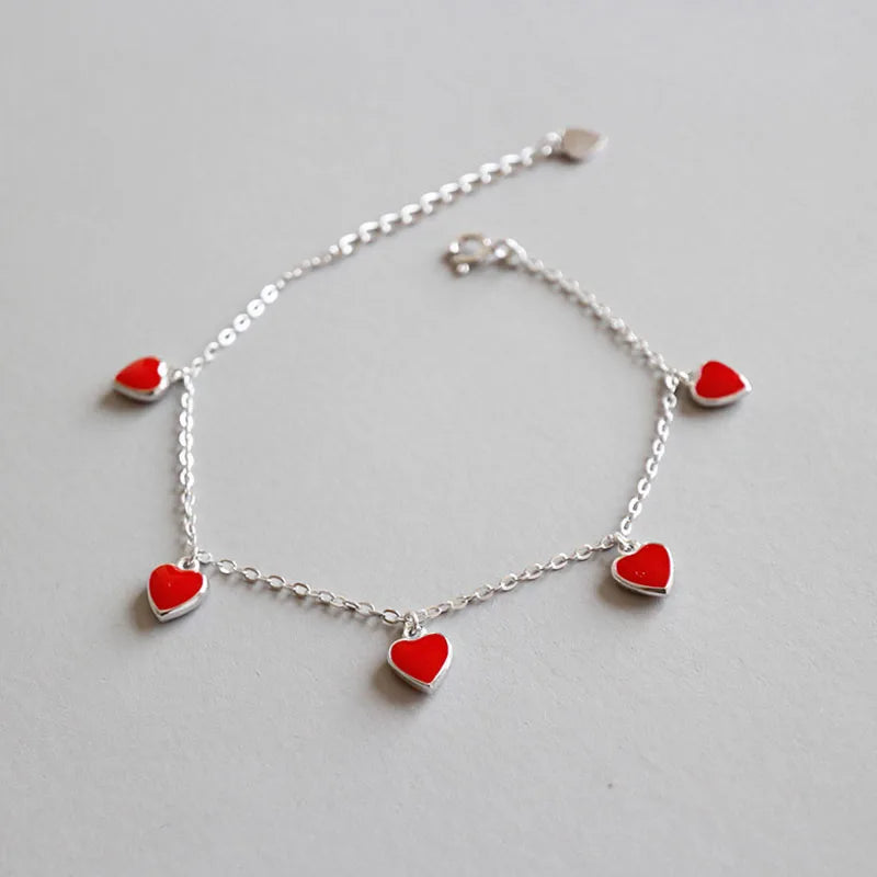 925 Silver Bracelet Glaze Red Heart Charm Party Jewelry