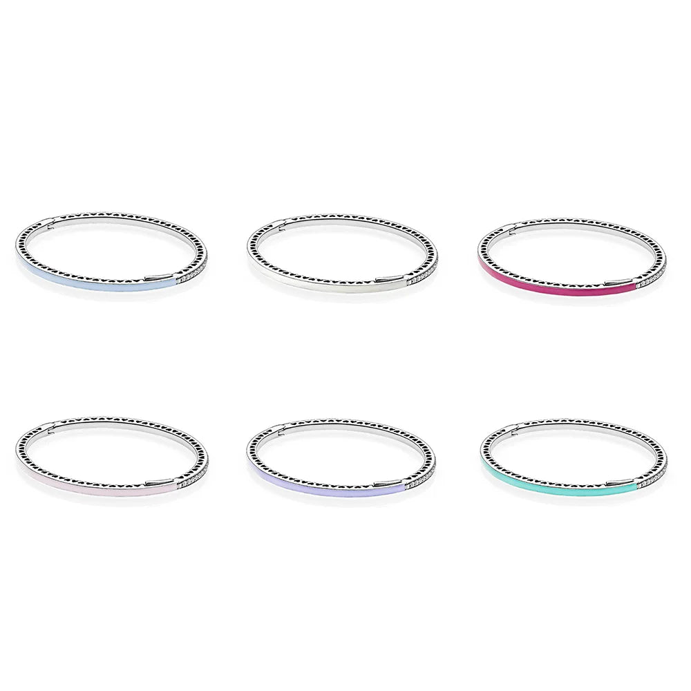 925 Silver Bracelet Bangle Set Green Pink for Charm Beads Jewelry