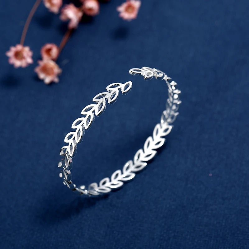 925 Silver Bracelets Bangle Women Hollow Leaves Olive Branch Adjustable