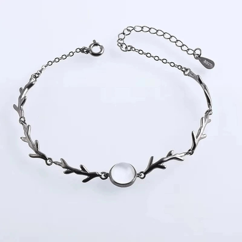 925 Silver Moonstone Branch Charm Bracelet Adjustable Chain Gift Jewelry