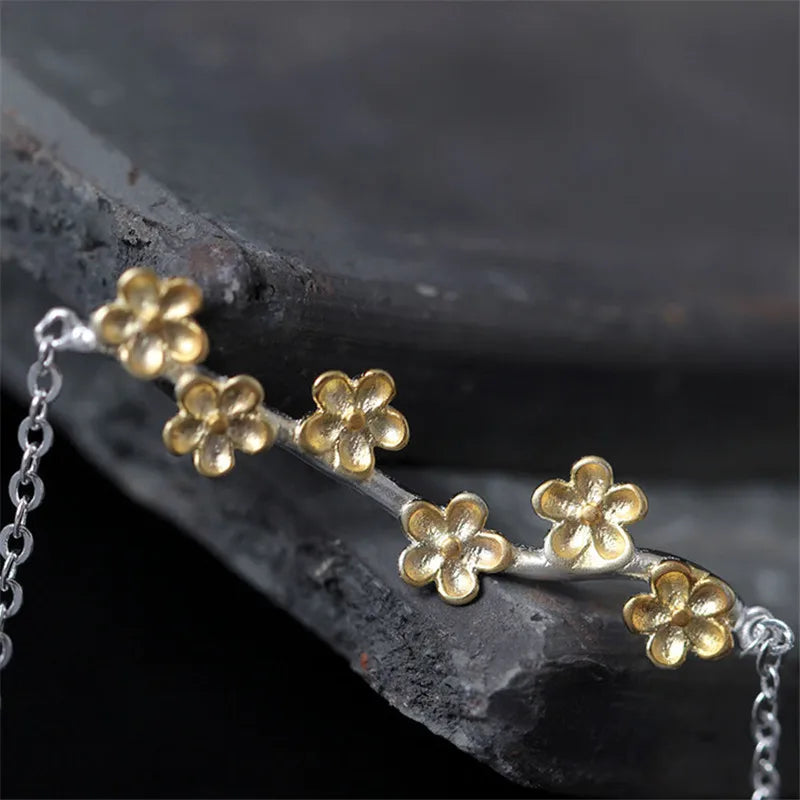 925 Silver Flower Link Chain Bracelet with Pendant Chinese Style