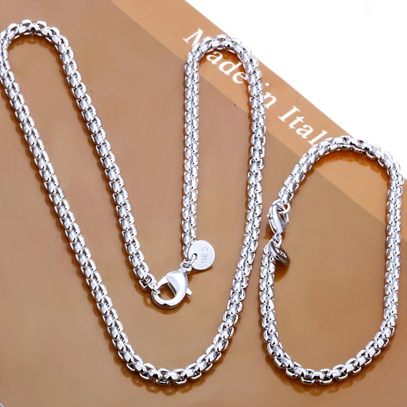 925 Silver Round Box Chain Bracelet Necklace Set Men Women Wedding Gift