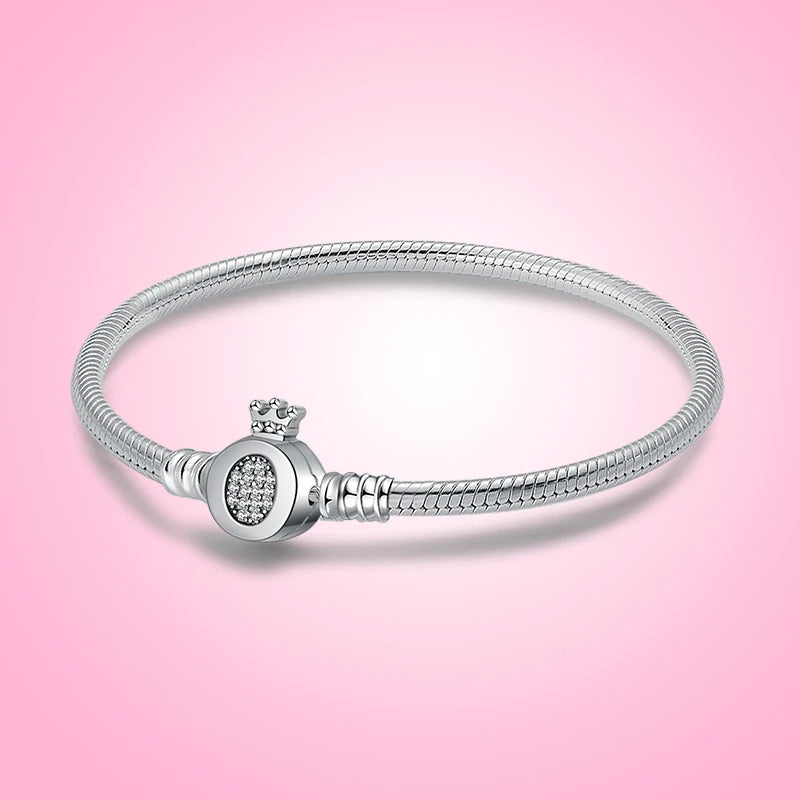925 Silver Bracelet Heart Tree Clasp Charm Snake Chain DIY Women Jewelry