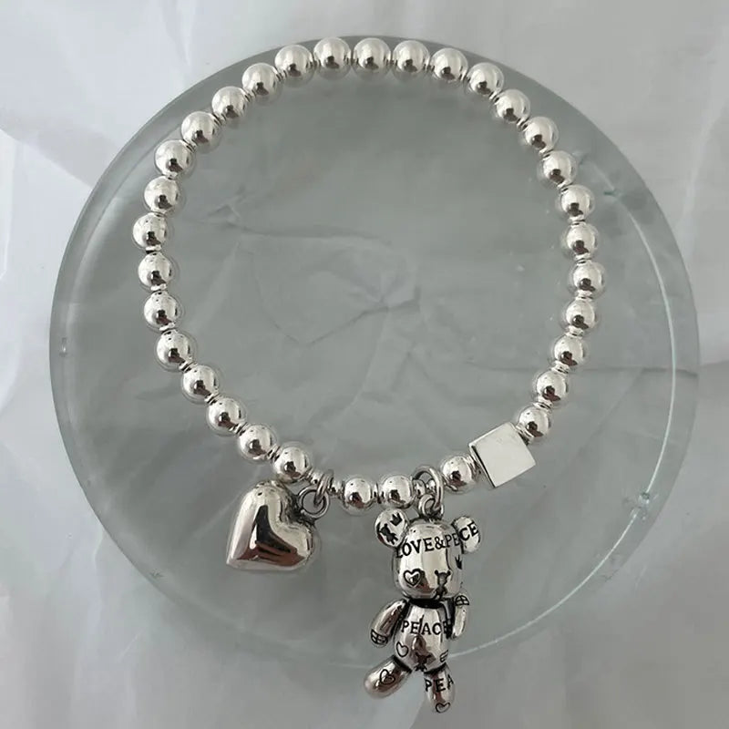 925 Silver Bracelets for Women Bear Heart Pendant