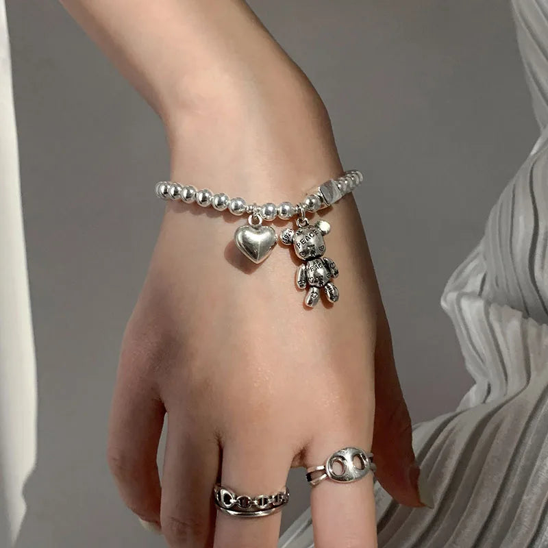 925 Silver Bracelets for Women Bear Heart Pendant