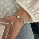 925 Silver Bracelet Women Punk Retro Pearl Cross