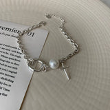 925 Silver Bracelet Women Punk Retro Pearl Cross