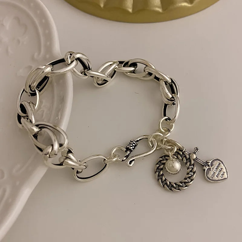 925 Silver Bracelets Vintage Punk Round Cross Fine Jewelry