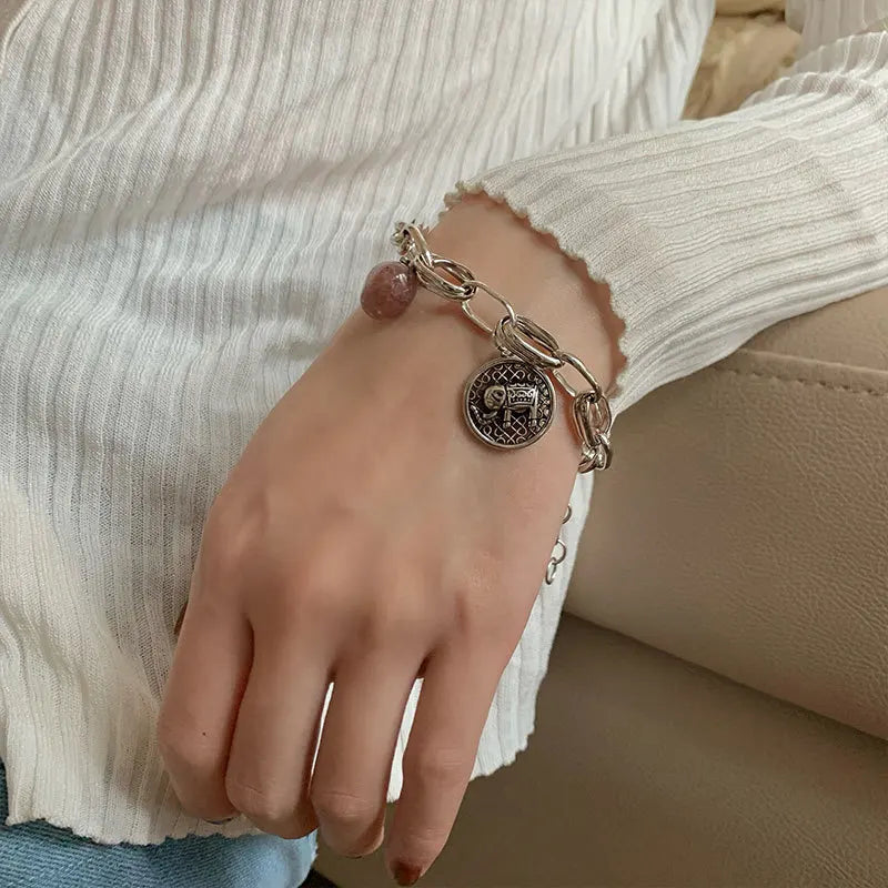 925 Silver Bracelet Women Elephant Strawberry Pink Crystal Stone Pendant