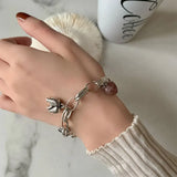 925 Silver Bracelet Women Elephant Strawberry Pink Crystal Stone Pendant