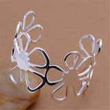 925 Sterling Silver Bracelets for Women Flower Wide Bangle Adjustable Jewelry
