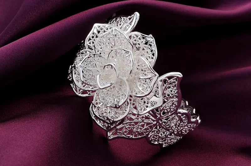 925 Sterling Silver Bracelet for Women Big Flower Bangle Adjustable Jewelry