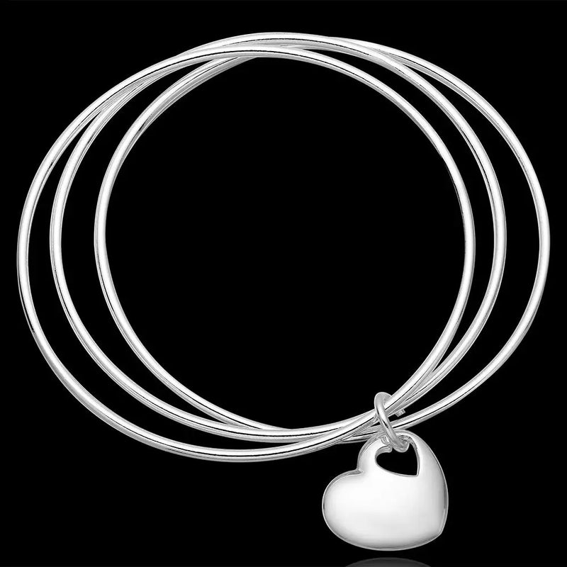 925 Silver Bracelets Women Circles Heart Bangle Jewelry