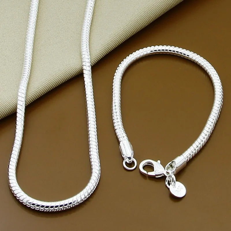 925 Sterling Silver Snake Chain Jewelry Set 3MM Party