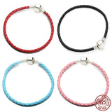925 Silver Braided Leather Bracelet Bucket Buckle Chain