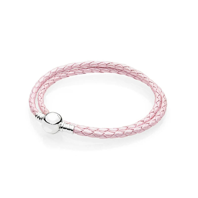 925 Silver Rope DIY Charm Jewelry Light Pink Leather Bracelet