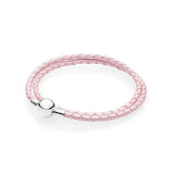 925 Silver Rope DIY Charm Jewelry Light Pink Leather Bracelet
