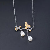 925 Silver Butterfly Pearl Necklace Ethnic Style Lady Party Jewelry