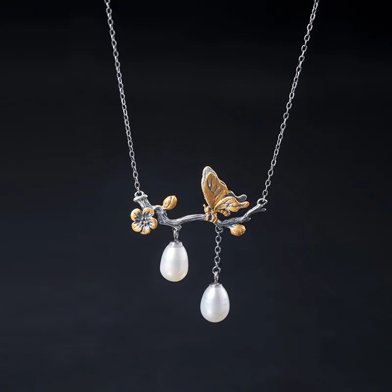 925 Silver Butterfly Pearl Necklace Ethnic Style Lady Party Jewelry