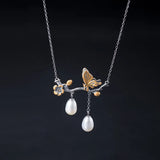 925 Silver Butterfly Pearl Necklace Ethnic Style Lady Party Jewelry