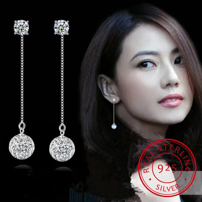 925 Silver Bridal Crystal Tassel Drop Earrings Women Boucle D'oreille Oorbellen