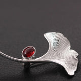 925 Silver Red Garnet Leaf Brooch Pin Men Suit Accessory