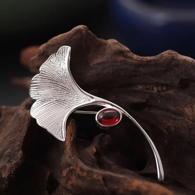 925 Silver Red Garnet Leaf Brooch Pin Men Suit Accessory