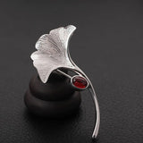 925 Silver Red Garnet Leaf Brooch Pin Men Suit Accessory