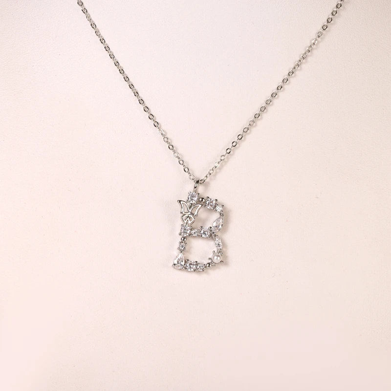 925 Sterling Silver Butterfly Zircon Pendant Necklace Pearls Wedding Gift