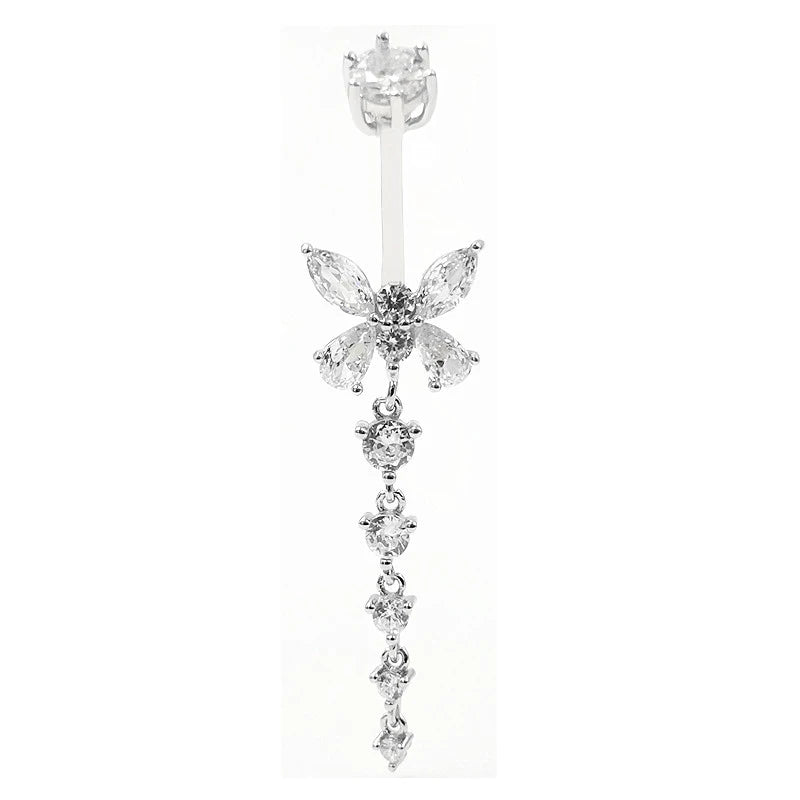 925 Silver Butterfly Navel Ring with Zircon Dangle