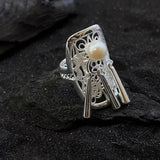 925 Silver Butterfly Flower Pearl Ring for Women Girl Gift Ethnic Tassel Jewelry