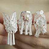 925 Silver Butterfly Flower Pearl Ring for Women Girl Gift Ethnic Tassel Jewelry