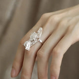 925 Silver Butterfly Flower Pearl Ring for Women Girl Gift Ethnic Tassel Jewelry