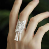 925 Silver Butterfly Flower Pearl Ring for Women Girl Gift Ethnic Tassel Jewelry