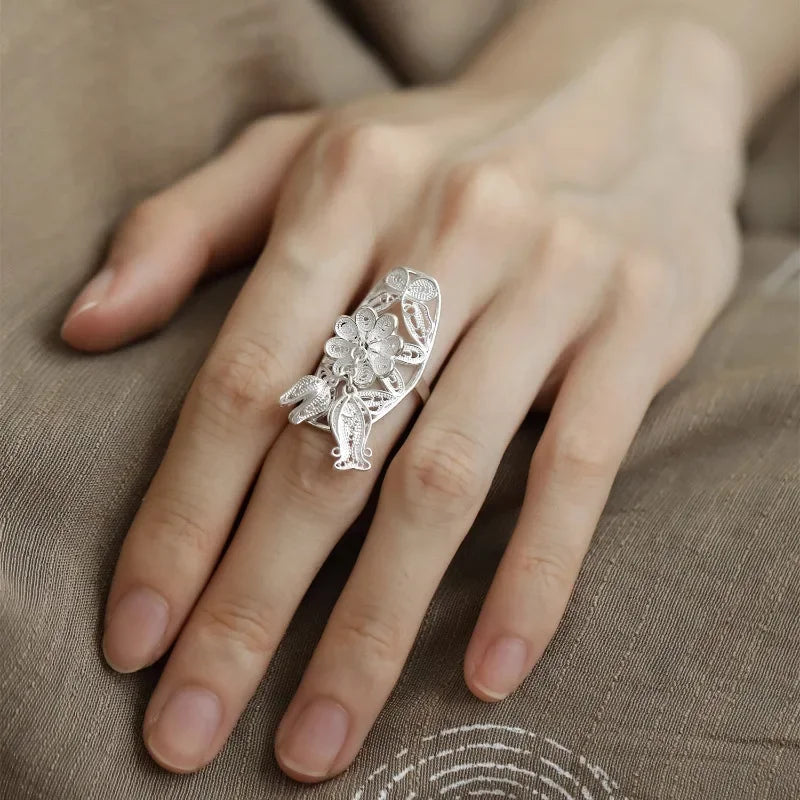 925 Silver Butterfly Flower Pearl Ring for Women Girl Gift Ethnic Tassel Jewelry