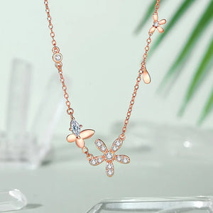925 Silver Butterfly Flower Pendant Necklace Women Rose Plating