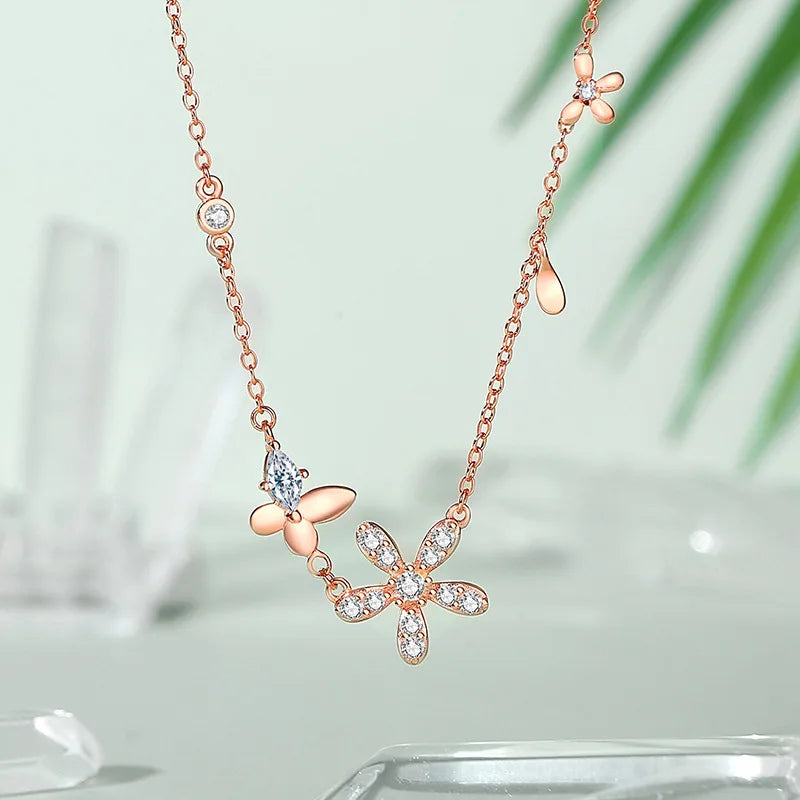 925 Silver Butterfly Flower Pendant Necklace Women Rose Plating