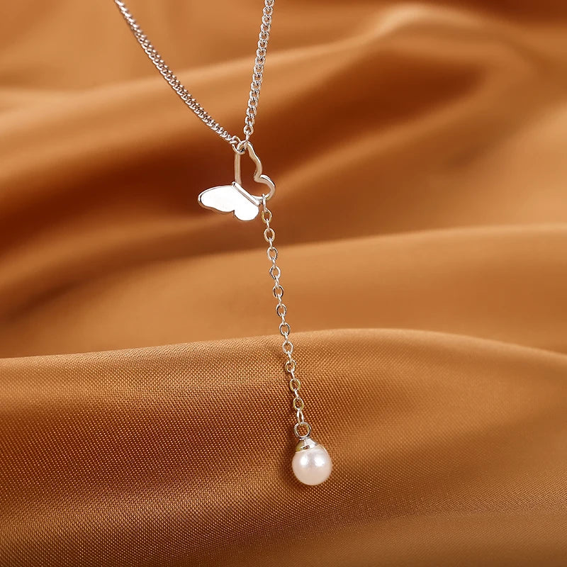 925 Silver Butterfly Necklace Tassel Pearl Clavicle Chain Retro Long Sweater