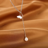 925 Silver Butterfly Necklace Tassel Pearl Clavicle Chain Retro Long Sweater