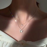 925 Silver Butterfly Pendant Necklace Double Layer CZ Chain Wedding Jewelry