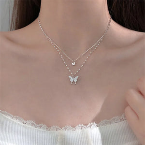 925 Silver Butterfly Pendant Necklace Double Layer CZ Chain Wedding Jewelry