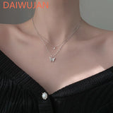 925 Silver Butterfly Pendant Necklace Double Layer CZ Chain Wedding Jewelry