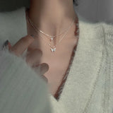 925 Silver Butterfly Pendant Necklace Double Layer CZ Chain Wedding Jewelry