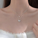 925 Silver Butterfly Pendant Necklace Double Layer CZ Chain Wedding Jewelry