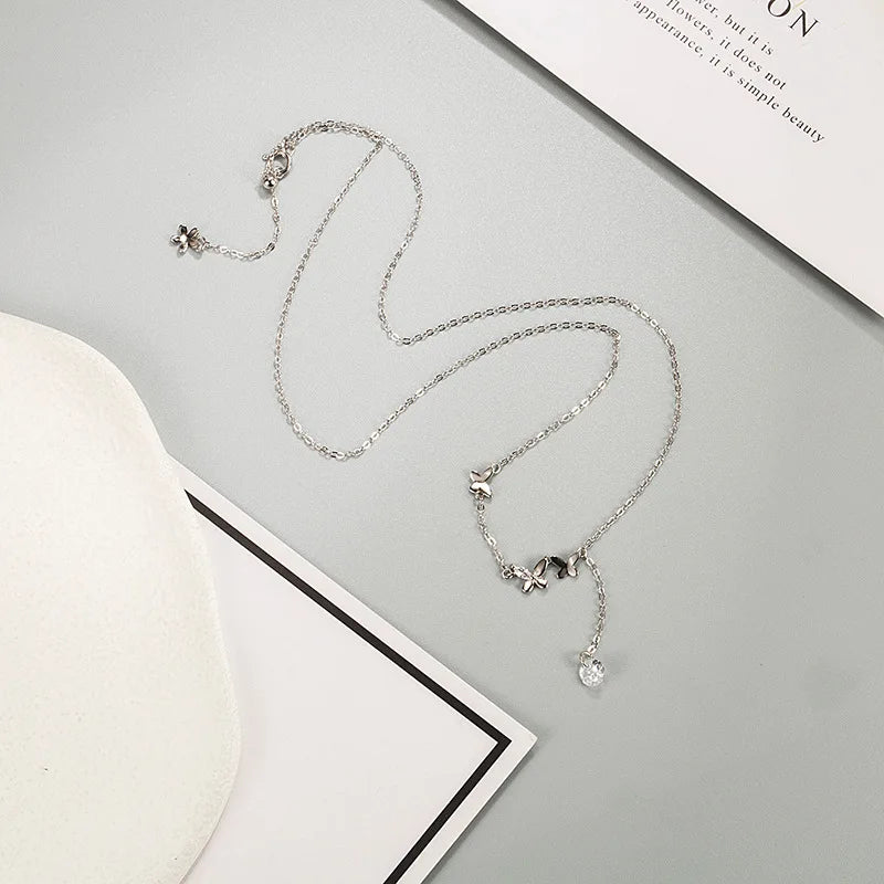 925 Silver Butterfly Tassel Diamond Necklace for Women